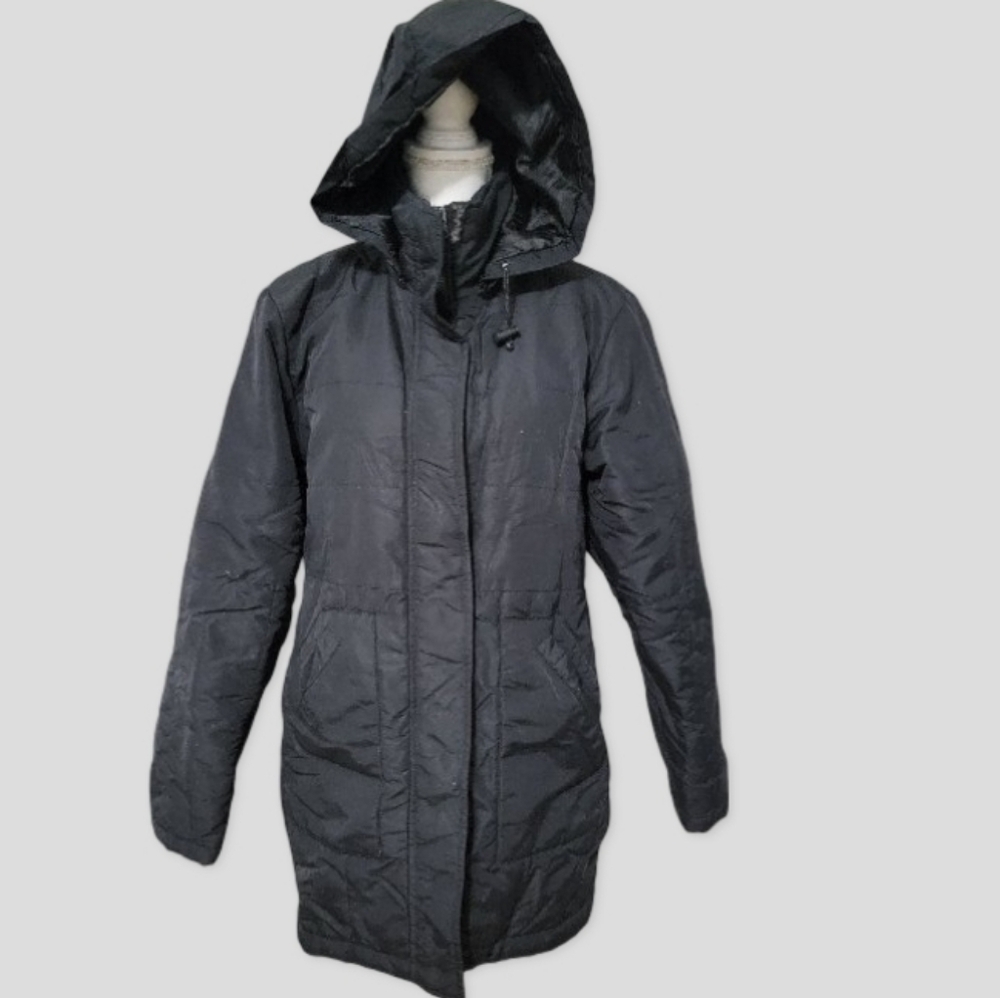 Black Winter Jacket - Removable Hood, Zipper Closure, 3 Velcro Straps, 2 Pockets